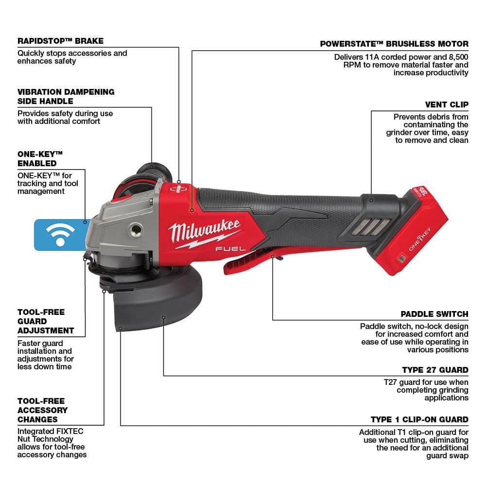 Milwaukee M18 FUEL 18-Volt 4-1/2 in./5 in. Cordless Grinder Kit with Paddle Switch & Braking Grinder, (2) M18 6.0Ah Batteries