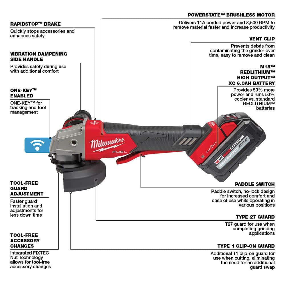 Milwaukee M18 FUEL 18-Volt Lithium-Ion Brushless Cordless 4-1/2 in./5 in. Braking Grinder Kit w/M18 FUEL Compact Impact Wrench