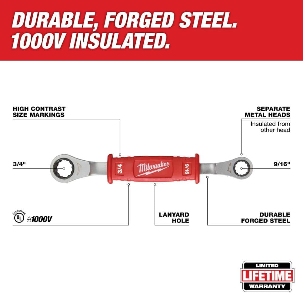 Milwaukee Lineman's 5-In-1 3/4 in. Ratcheting Wrench with Smooth Milled Face & Lineman's 2-In-1 Insulated Ratcheting Box Wrench