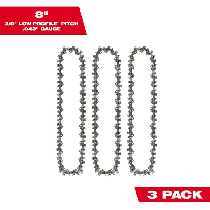Milwaukee 8 in. Chainsaw Chain with 3/8 in. Low Profile Pitch and .043 in. Gauge (3-Pack)
