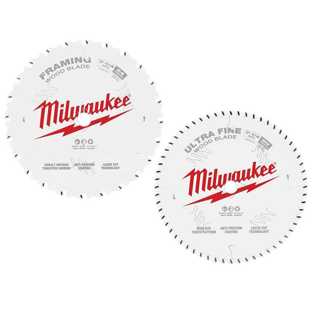 Milwaukee 7-1/4 in. x 60-Tooth Ultra Fine Finish Circular Saw Blade with 7-1/4 in. x 24-Tooth Framing Circular Saw Blade (2-Piece)
