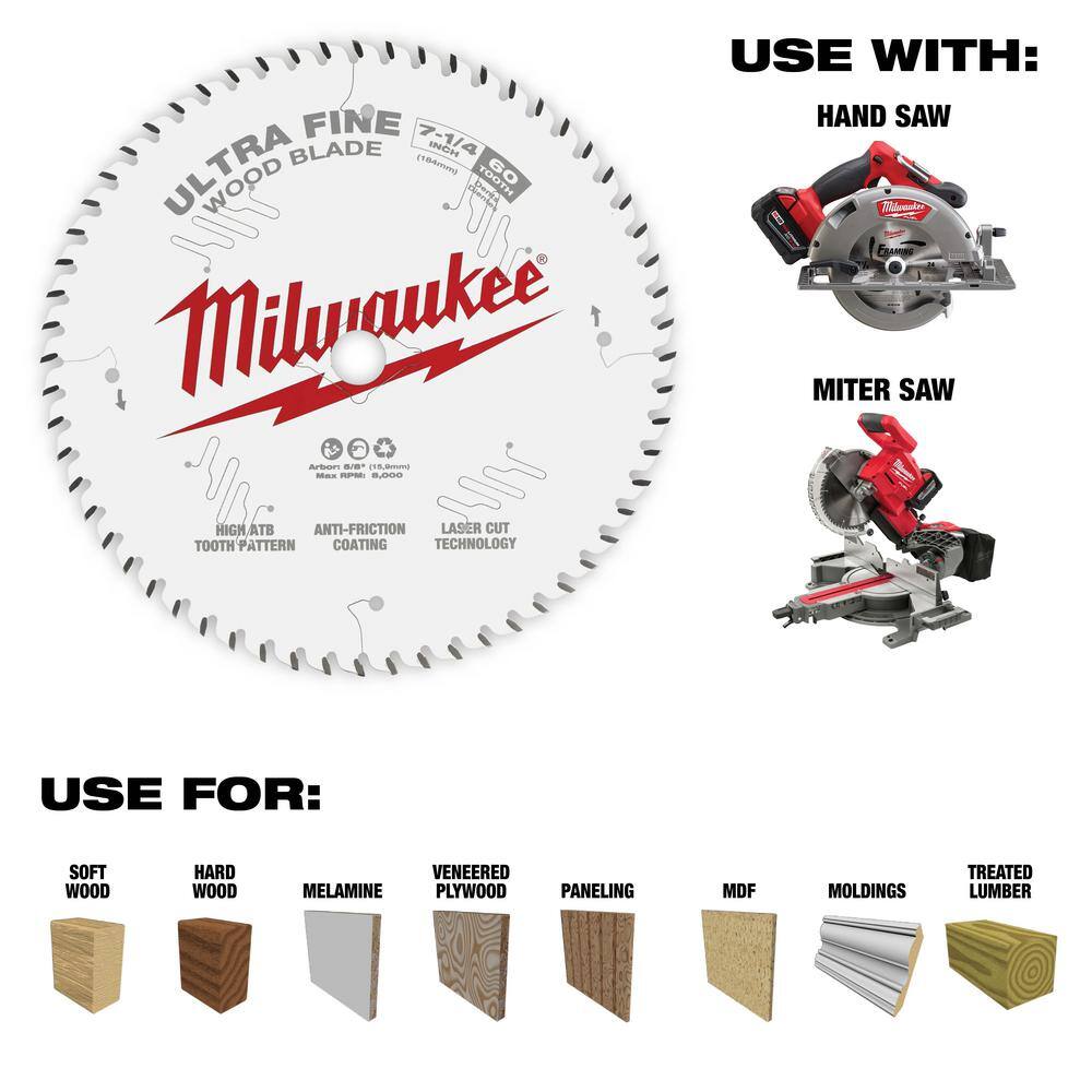 Milwaukee 7-1/4 in. x 60-Tooth Ultra Fine Finish Circular Saw Blade with 7-1/4 in. x 24-Tooth Framing Circular Saw Blade (2-Piece)