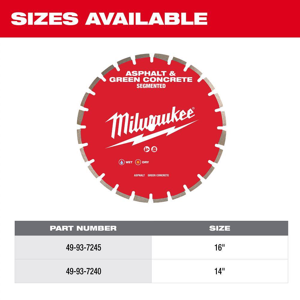 Milwaukee 16 in. Asphalt & Green Concrete Segmented Diamond Blade, 1 in/20 mm Arbor, 5,460 RPM (49-93-7245)