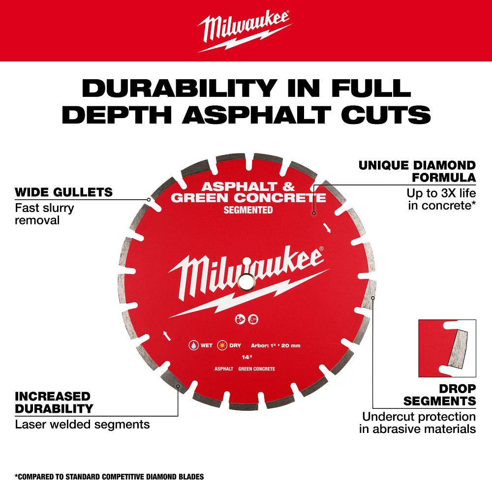 Milwaukee 16 in. Asphalt & Green Concrete Segmented Diamond Blade, 1 in/20 mm Arbor, 5,460 RPM (49-93-7245)