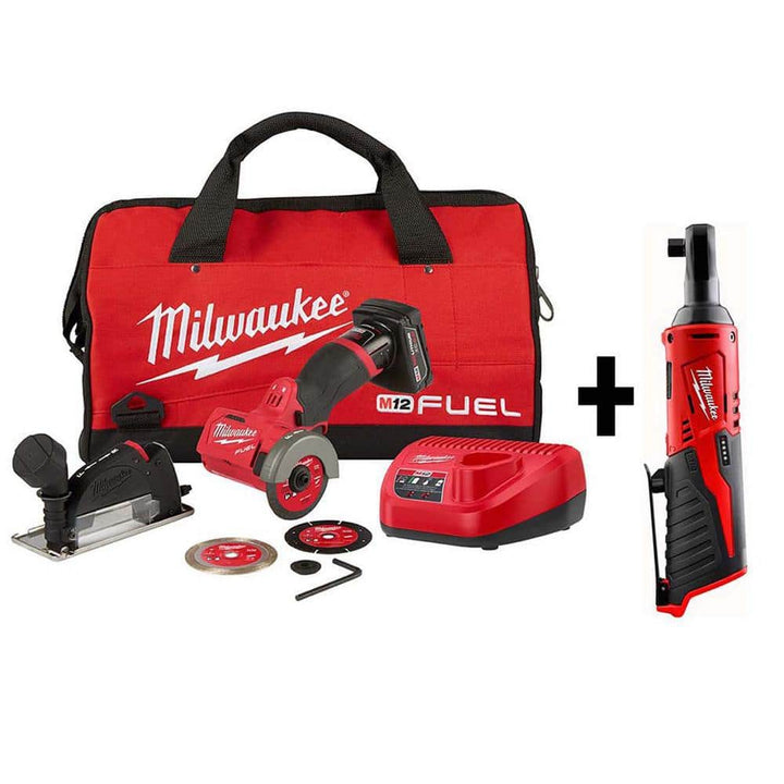 Milwaukee M12 FUEL 12V 3 in. Lithium-Ion Brushless Cordless Cut Off Saw Kit with M12 3/8 in. Ratchet (2522-21XC-2457-20)