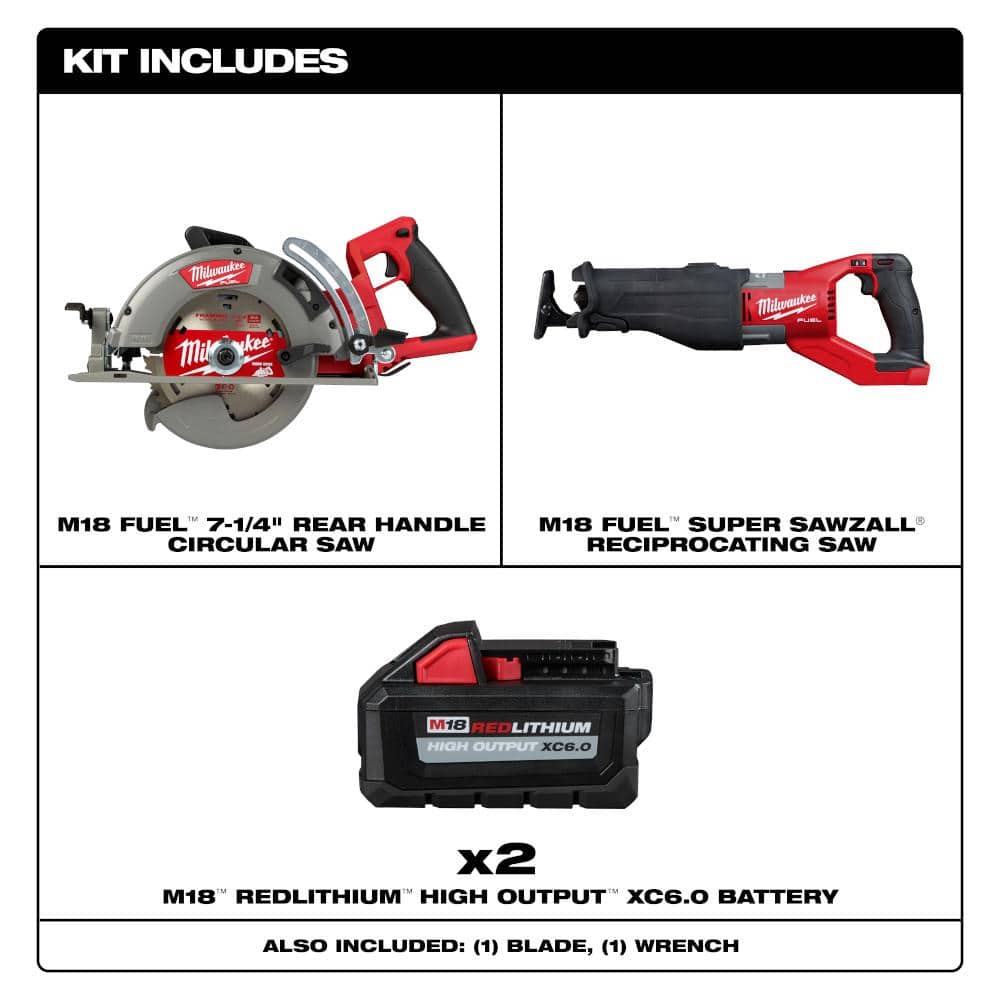 Milwaukee M18 FUEL 18V Lith-Ion Cordless 7-1/4 in. Rear Handle Circular Saw w/Super SAWZALL & (2) High Output 6.0Ah Battery