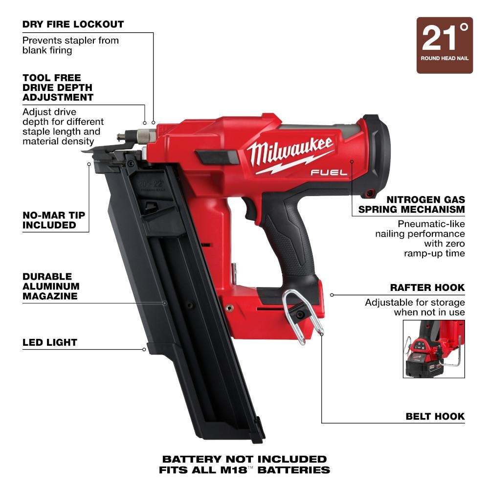 Milwaukee M18 FUEL 18V Lithium-Ion Cordless 7-1/4 in. Rear Handle Circ Saw w/3-1/2 in. 30-Degree Nailer, Two 6 Ah HO Batteries