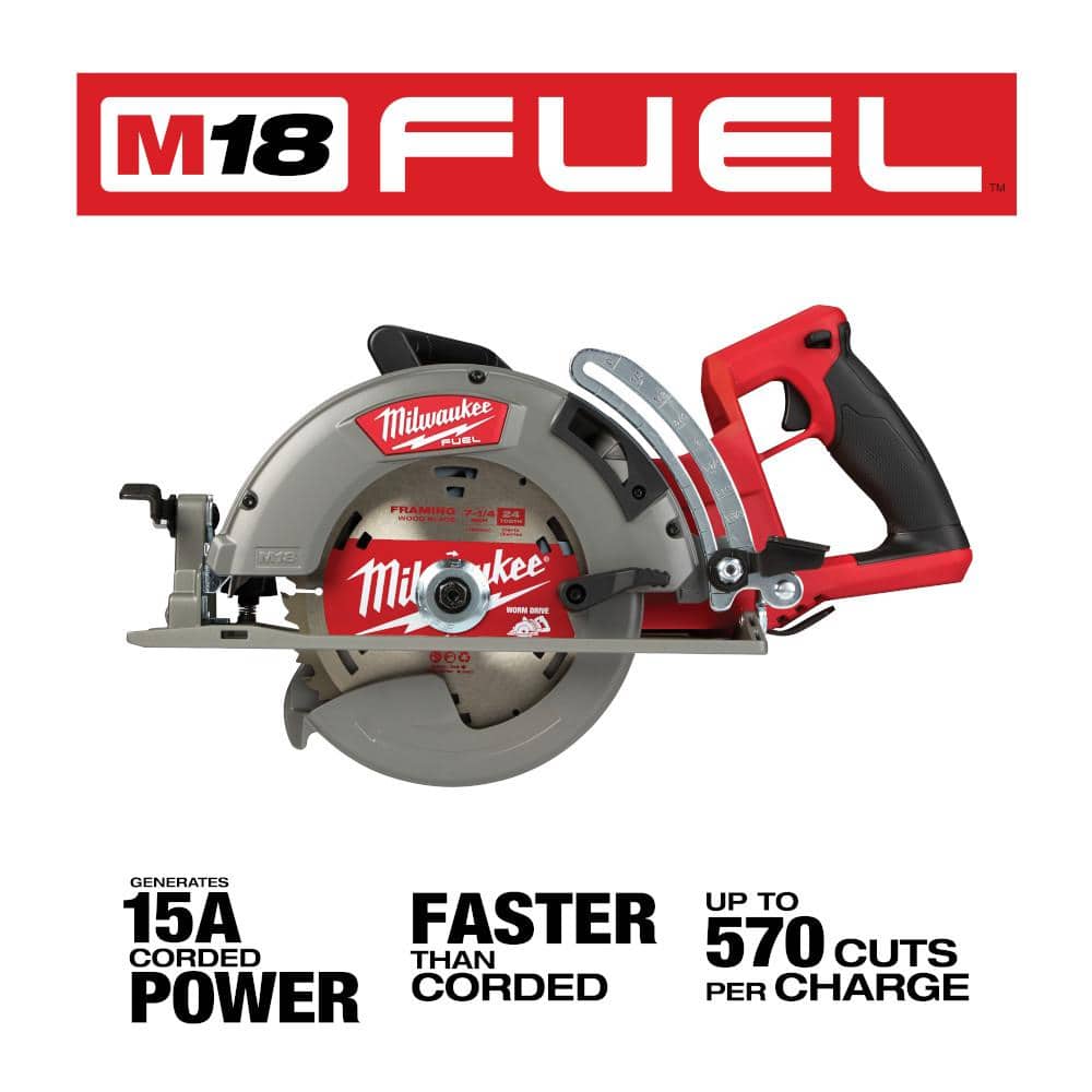 Milwaukee M18 FUEL 18V Lith-Ion Cordless 7-1/4 in. Rear Handle Circ Saw w/1/2 in. Impact Wrench & (2) High Output 6.0Ah Battery