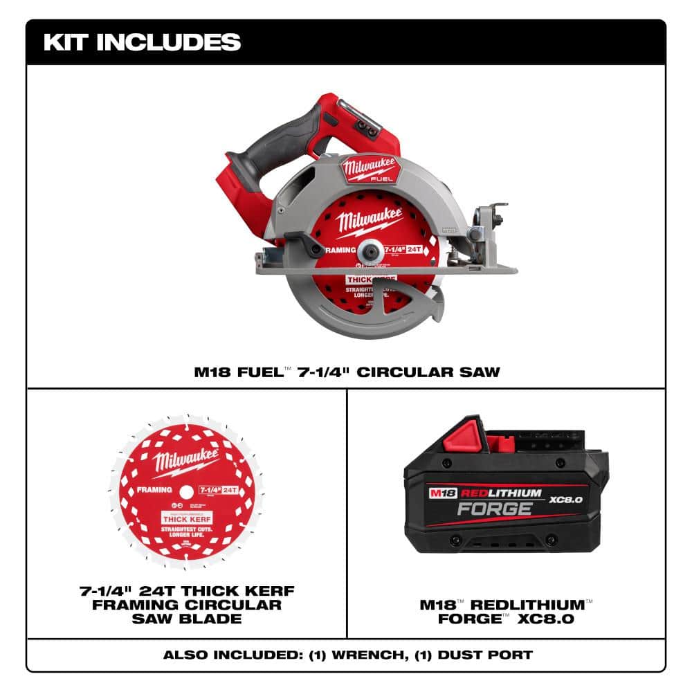 Milwaukee M18 FUEL 18V Brushless Cordless 7-1/4 in. Circular Saw with REDLITHIUM FORGE XC 8.0Ah Battery Pack