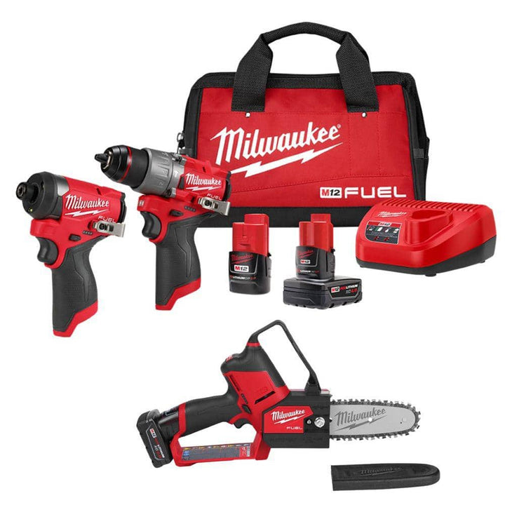 Milwaukee M12 FUEL 6 in. 12V Lithium-Ion Brushless Cordless HATCHET Pruning Saw Kit with M12 FUEL Hammer Drill & Impact Driver (2527-21/3497-22)