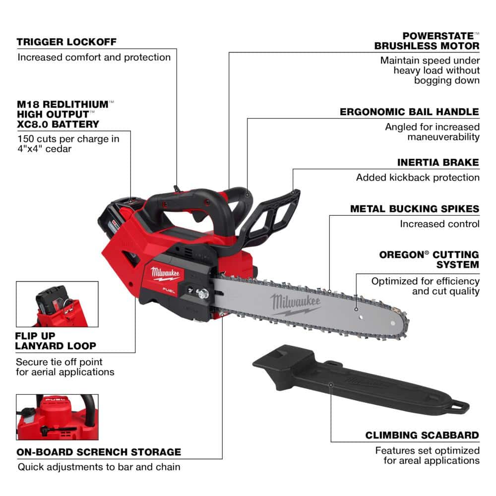 Milwaukee M18 FUEL 14 in. Top Handle 18V Lithium-Ion Brushless Cordless Chainsaw Kit w/ 8.0 Ah Battery & Rapid Charger (2-Tool)