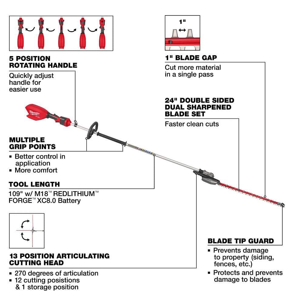 Milwaukee M18 FUEL 18V 24 in. Brushless Cordless Extended Pole Articulating Hedge Trimmer (Tool-Only) – 3035-20
