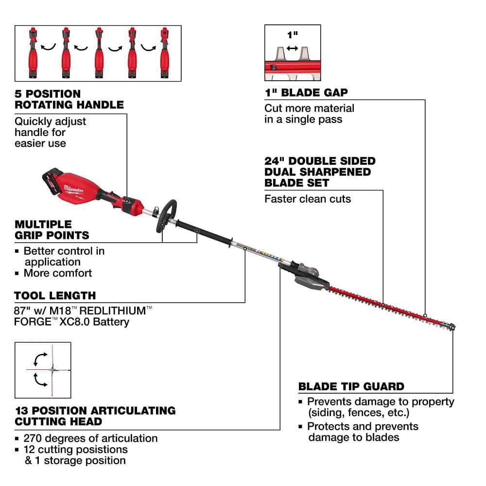 Milwaukee M18 FUEL 18V 24 in. Brushless Cordless Pole Articulating Hedge Trimmer Kit with 8.0 Ah Battery & Rapid Charger