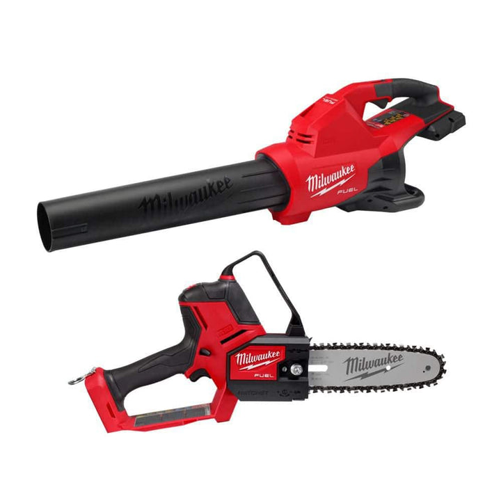 Milwaukee M18 FUEL Dual Battery 145 MPH 600 CFM 18V Lithium-Ion Brushless Cordless Handheld Blower with M18 HATCHET Pruning Saw