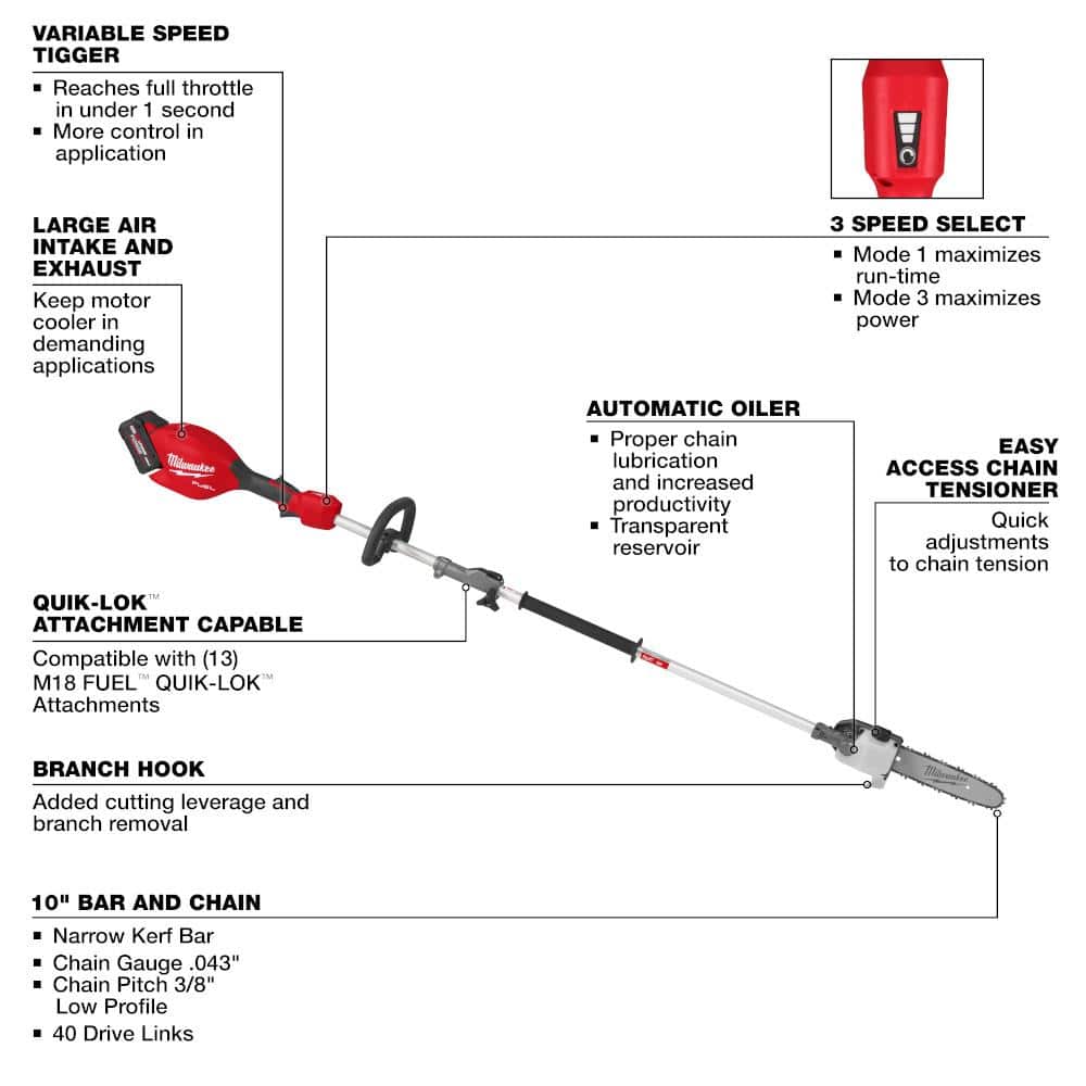Milwaukee M18 FUEL 10 in. Brushless Cordless Pole Saw Kit with QUIK-LOK and 8.0Ah Battery