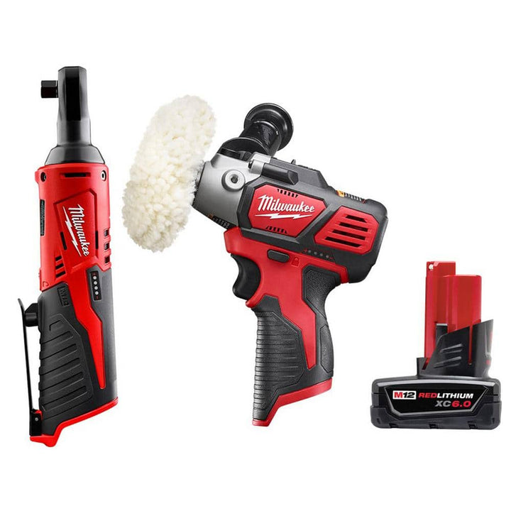Milwaukee M12 12V Lithium-Ion Cordless 3/8 in. Ratchet with M12 Variable Speed Polisher/Sander and 6.0 Ah XC Battery Pack