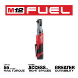 Milwaukee M12 FUEL 12V Lithium‑Ion Brushless 3/8 in. Cordless Ratchet Kit with (2) 2.0Ah Batteries, Charger, Bag & SAE Socket Set