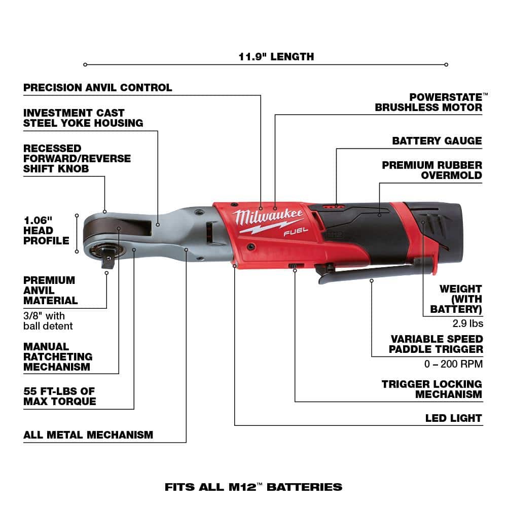 Milwaukee M12 FUEL 12V Lithium‑Ion Brushless 3/8 in. Cordless Ratchet Kit with (2) 2.0Ah Batteries, Charger, Bag & SAE Socket Set