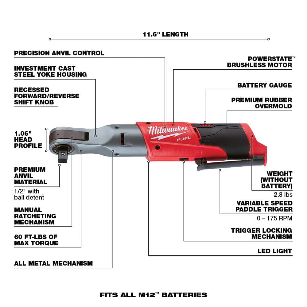 Milwaukee M12 FUEL 12-Volt Lithium-Ion Brushless Cordless 1/2 in. Ratchet and Rivet Tool with Two 3.0 Ah Batteries