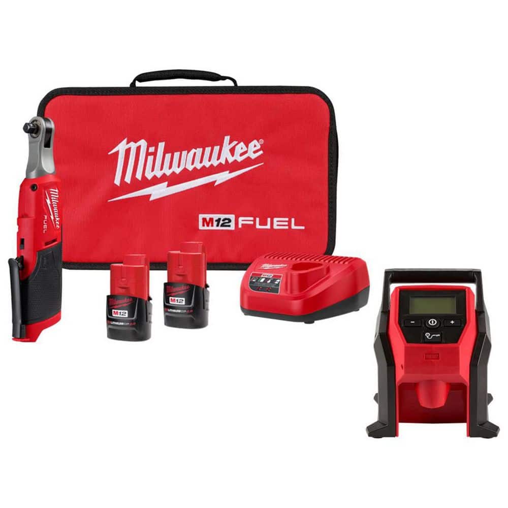 Milwaukee M12 FUEL 12V Brushless Cordless High-Speed 3/8 in. Ratchet Kit with M12 Compact Inflator