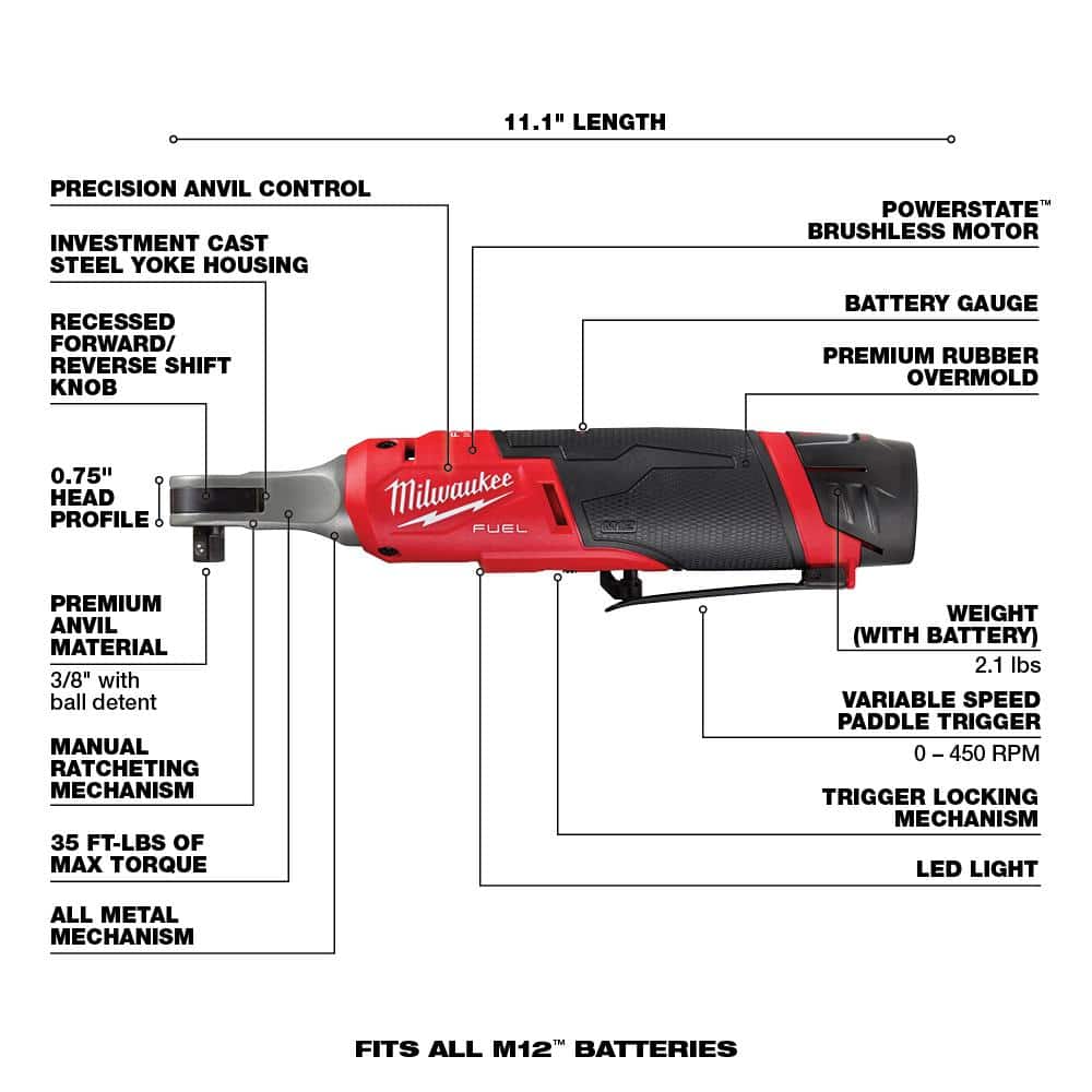 Milwaukee M12 FUEL 12V Brushless Cordless High-Speed 3/8 in. Ratchet Kit with M12 Compact Inflator