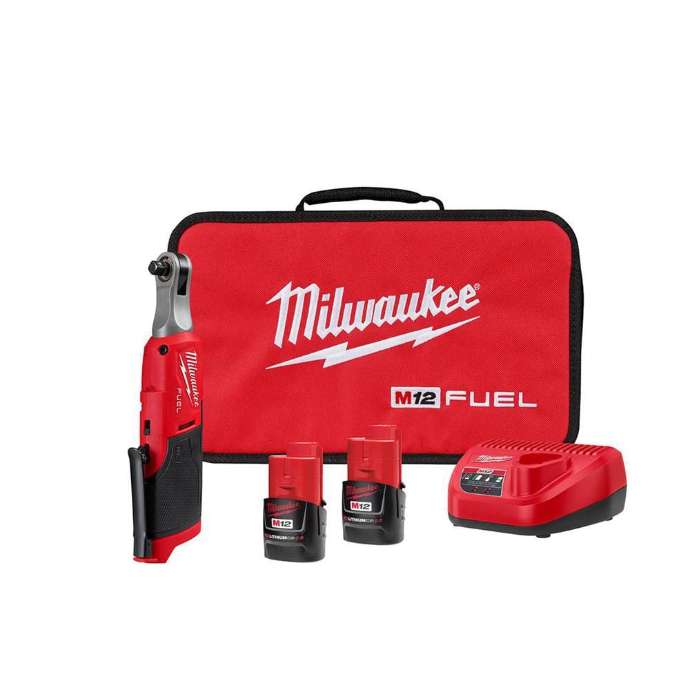 Milwaukee M12 FUEL 12V Brushless Cordless High-Speed 1/4 in. Ratchet Kit with (2) CP2.0 Batteries, Charger & Bag