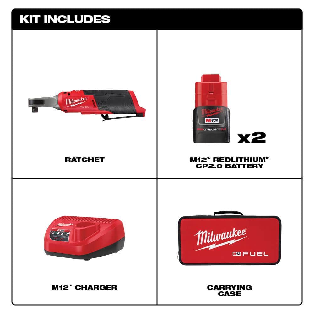 Milwaukee M12 FUEL 12V Lithium‑Ion Brushless High‑Speed 3/8 in. Cordless Ratchet Kit with (2) CP2.0 Batteries, Charger & Carrying Case