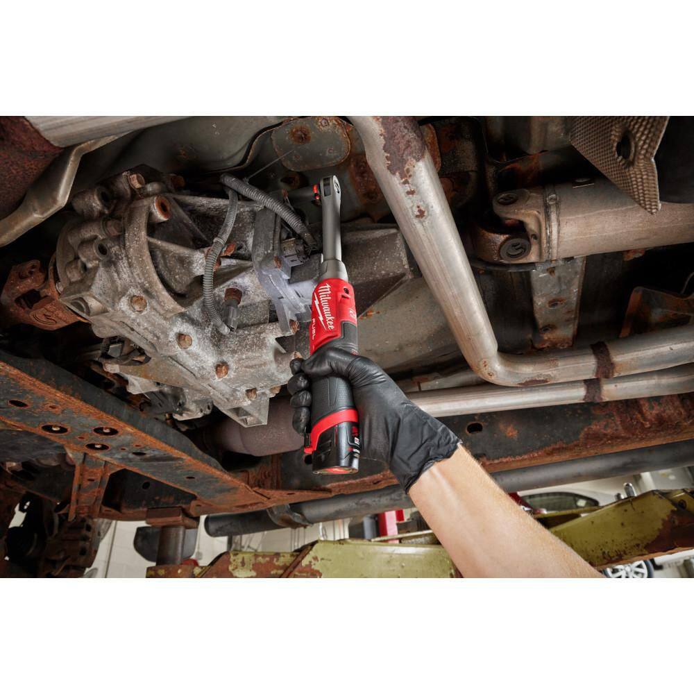 Milwaukee M12 FUEL 3/8 in. Extended Reach High-Speed Cordless Ratchet with Variable-Speed Polisher/Sander and (2) HO CP2.5 Batteries