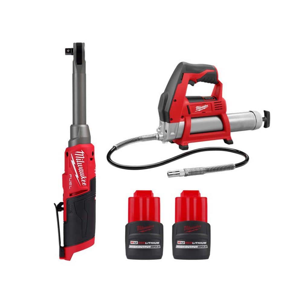 Milwaukee M12 FUEL 12V 3/8 in. Extended Reach High-Speed Cordless Ratchet with M12 Grease Gun & (2) M12 HO CP2.5 Batteries