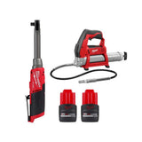 Milwaukee M12 FUEL 12V 3/8 in. Extended Reach High-Speed Cordless Ratchet with M12 Grease Gun & (2) M12 HO CP2.5 Batteries