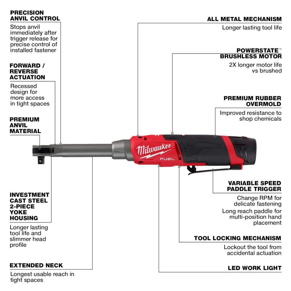 Milwaukee M12 FUEL 12V 3/8 in. Extended Reach High-Speed Cordless Ratchet with M12 Grease Gun & (2) M12 HO CP2.5 Batteries