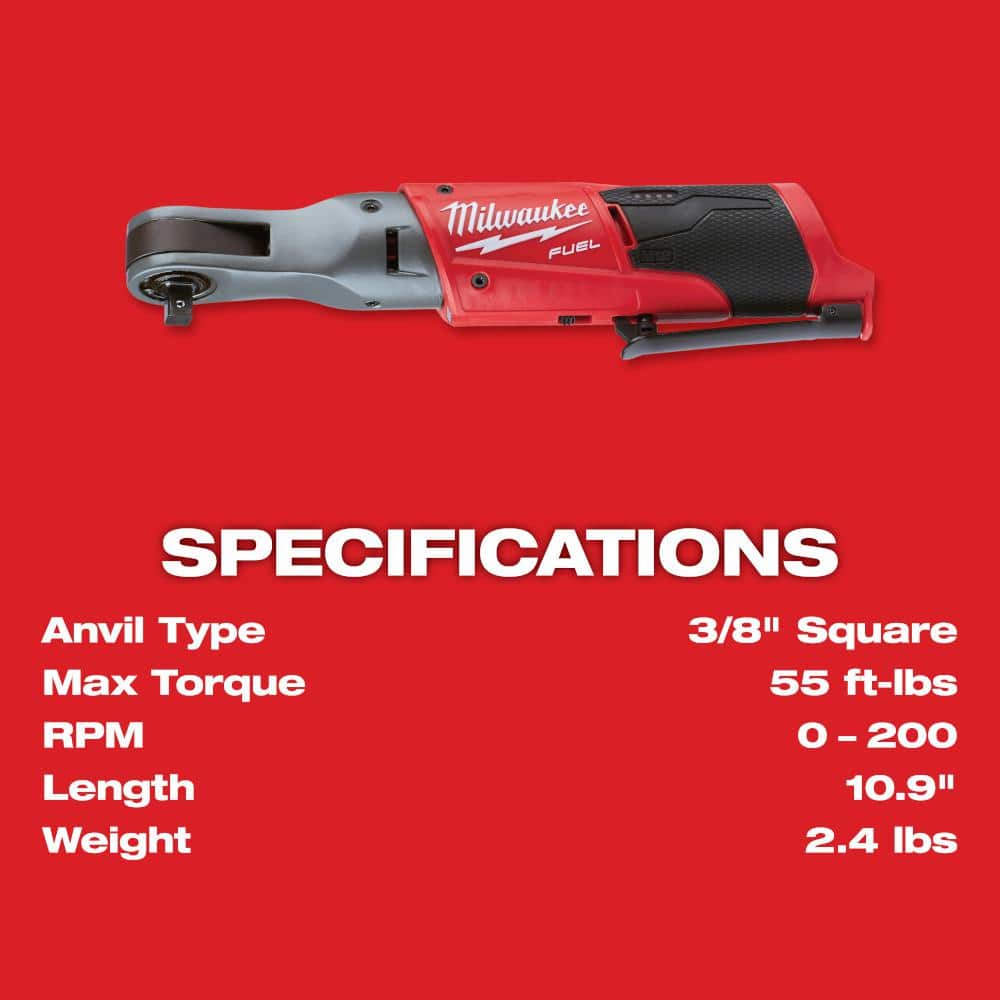 Milwaukee M12 FUEL 12V Li-Ion Brushless 3/8 in. Cordless Ratchet Kit with (2) 2.0Ah Batteries, Charger, Bag & Metric Socket Set
