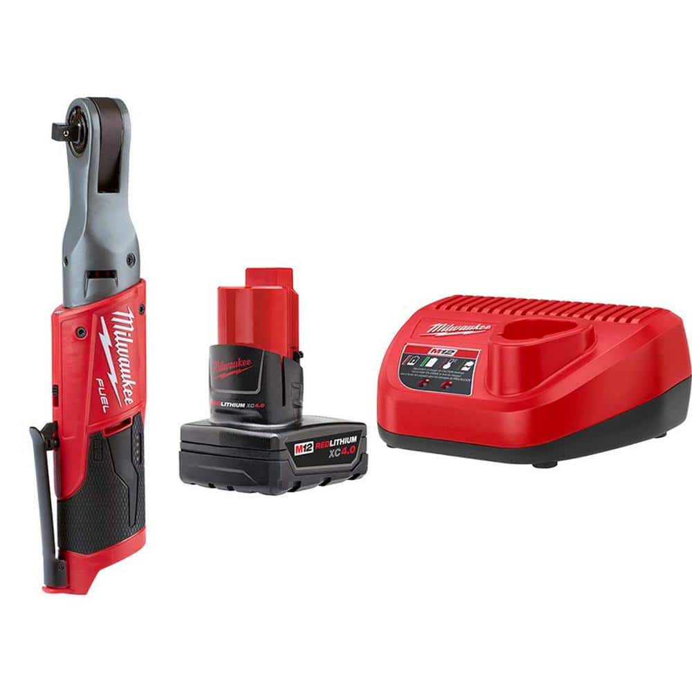Milwaukee M12 FUEL 12V Li-Ion Brushless 3/8 in. Cordless Ratchet Kit with (2) 2.0Ah Batteries, Charger, Bag & Metric Socket Set
