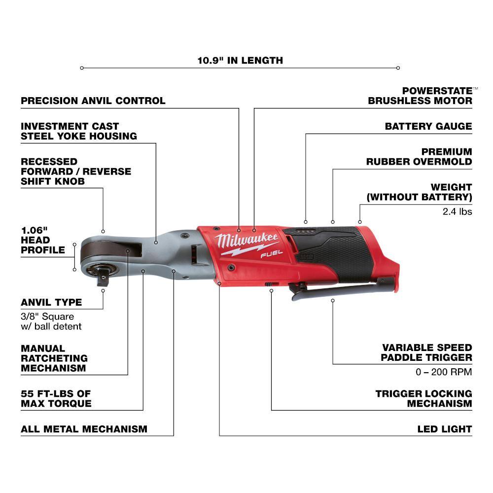Milwaukee M12 FUEL 12V Li-Ion Brushless 3/8 in. Cordless Ratchet Kit with (2) 2.0Ah Batteries, Charger, Bag & Metric Socket Set