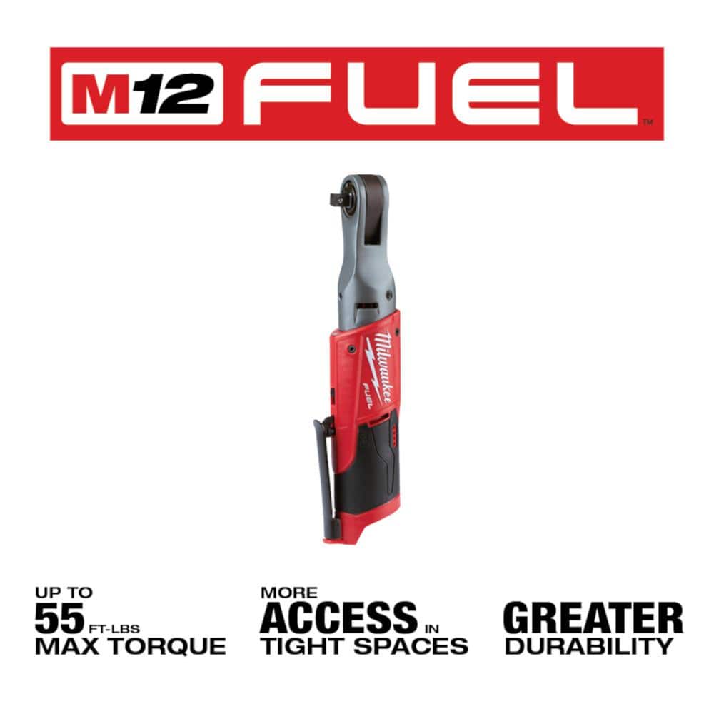 Milwaukee M12 FUEL 12V Li-Ion Brushless 3/8 in. Cordless Ratchet Kit with (2) 2.0Ah Batteries, Charger, Bag & Metric Socket Set