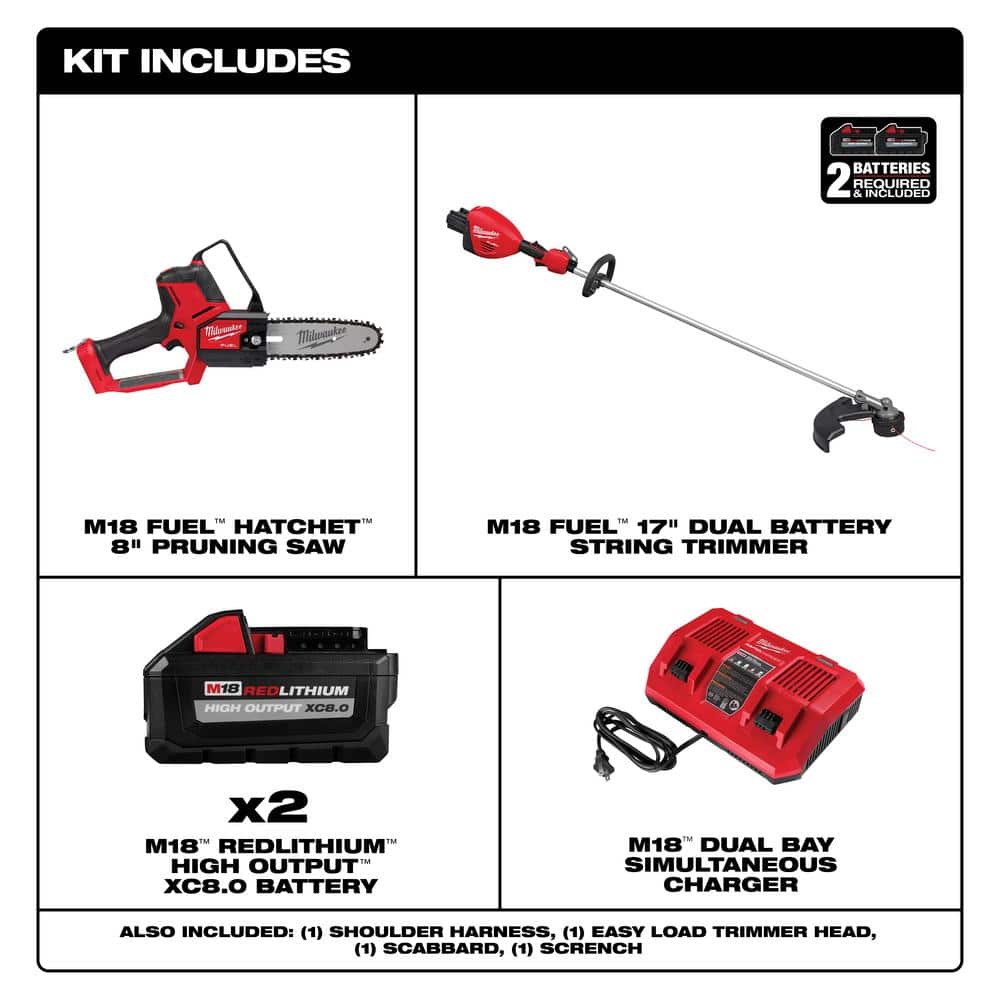 Milwaukee M18 FUEL 18V Brushless Cordless 17 in. Dual-Battery Straight Shaft String Trimmer Kit with HATCHET 8 in. Pruning Saw, (2) XC8.0 Batteries & Dual-Bay Charger