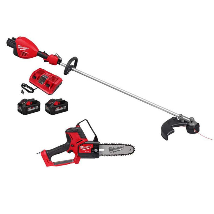 Milwaukee M18 FUEL 18V Brushless Cordless 17 in. Dual-Battery Straight Shaft String Trimmer Kit with HATCHET 8 in. Pruning Saw, (2) XC8.0 Batteries & Dual-Bay Charger