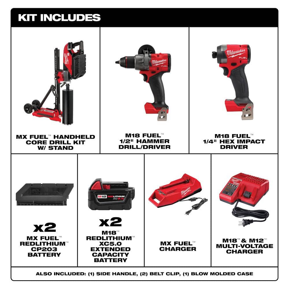 Milwaukee MX FUEL Lithium-Ion Cordless Handheld Core Drill Kit with M18 FUEL Hammer Drill and Impact Driver Combo Kit (2-Tool)