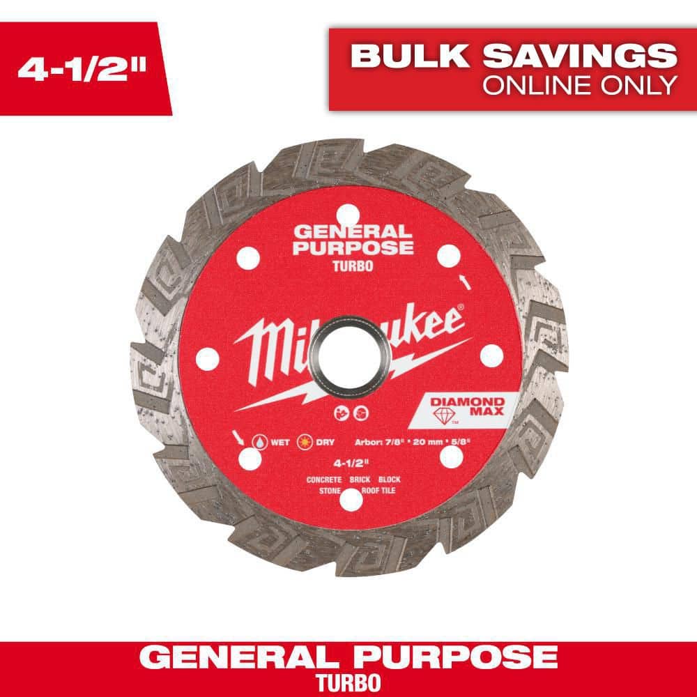 Milwaukee 4.5 in. DIAMOND MAX Segmented Turbo Diamond Blade, 7/8 in.–20mm–5/8 in. Arbor, 13,300 RPM