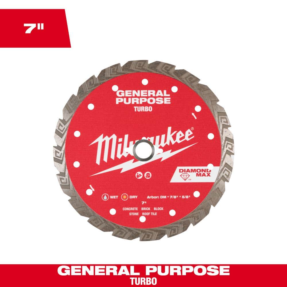 Milwaukee 7 in. DIAMOND MAX Turbo General Purpose Diamond Blade, DM 7/8"–5/8" Arbor