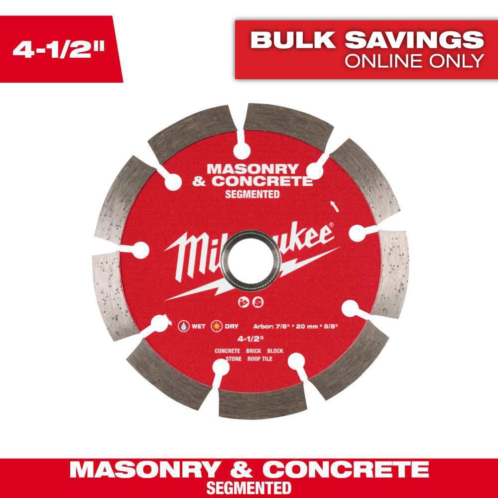 Milwaukee 4.5 in. Segmented Masonry & Concrete Diamond Blade, 7/8"-20mm-5/8" Arbor, 13,300 RPM
