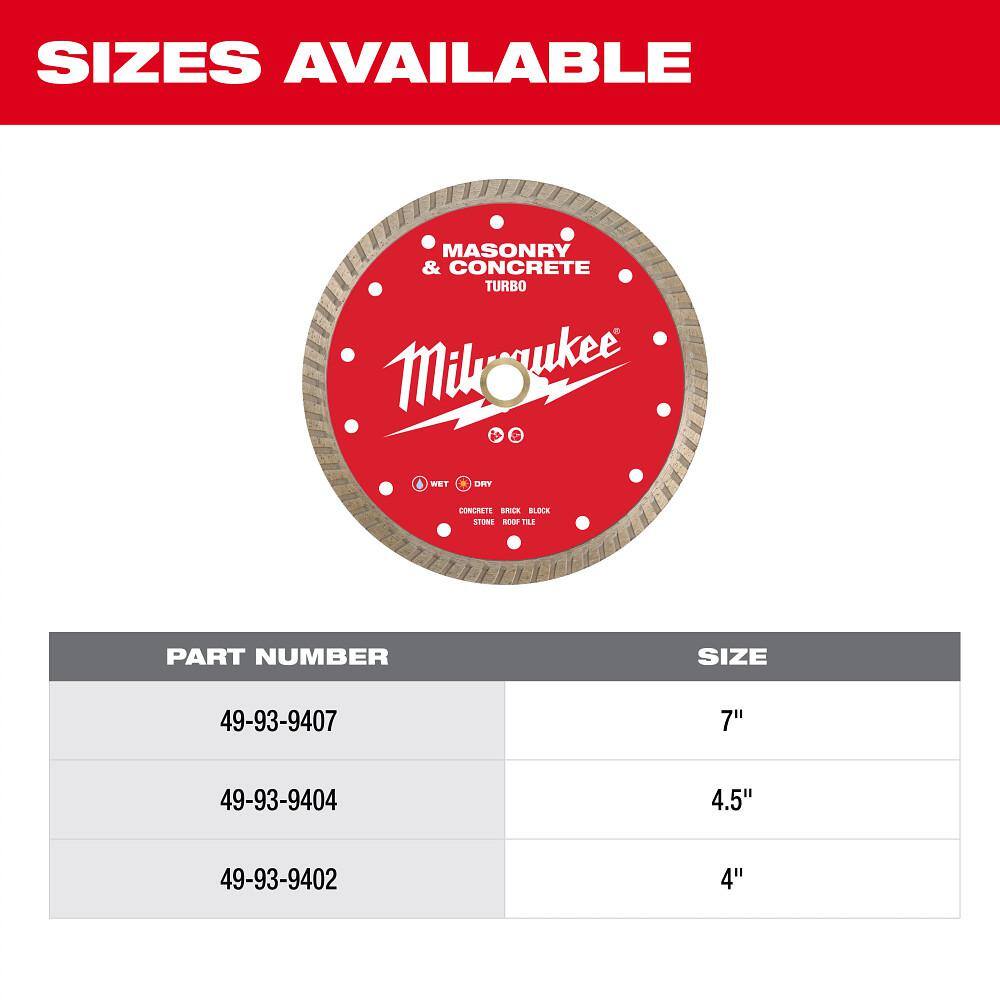 Milwaukee 7 in. Turbo Masonry & Concrete Diamond Blade, DM 7/8"–5/8" Arbor, 8,730 RPM