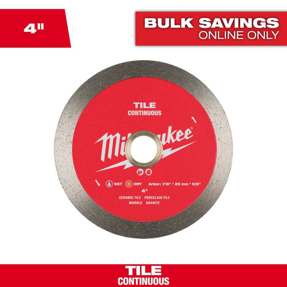 Milwaukee 4 in. Continuous Tile Diamond Blade – 7/8"/20mm/5/8" Arbor, 15,000 RPM