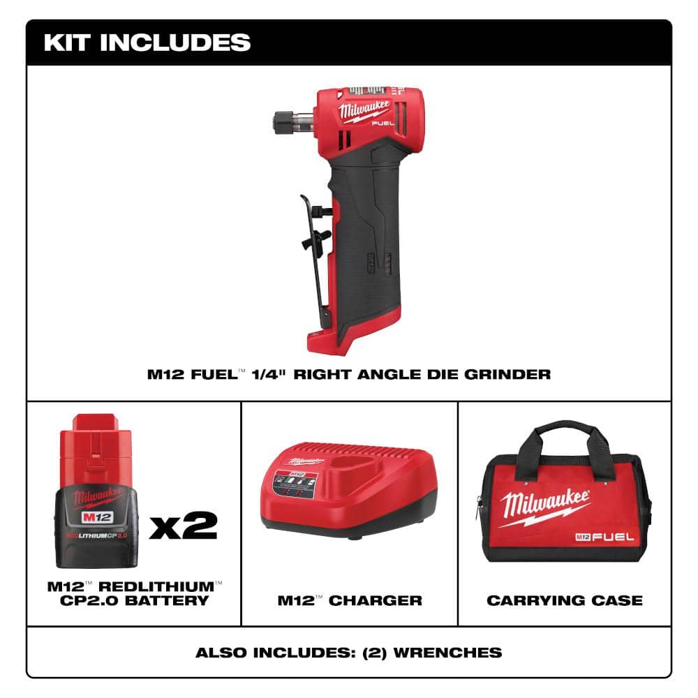 Milwaukee M12 FUEL 12-Volt Brushless Cordless 1/4 in. Right Angle Die Grinder Kit with (2) 2.0Ah Batteries