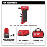 Milwaukee M12 FUEL 12-Volt Brushless Cordless 1/4 in. Right Angle Die Grinder Kit with (2) 2.0Ah Batteries