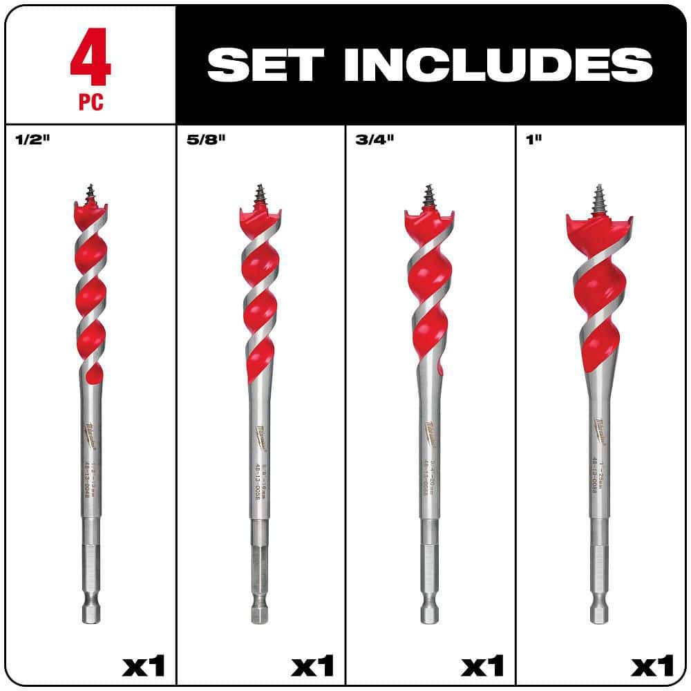 Milwaukee SPEED FEED Auger Wood Drilling Bit Set, 1/2–1 in., 6 in. Length (4-Piece)