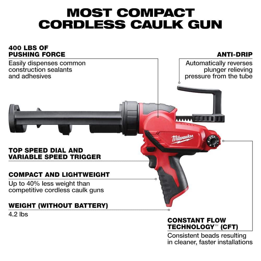 Milwaukee M12 12V Lithium-Ion Cordless 10 oz Adhesive & Caulk Gun, Tool-Only (2441-20)