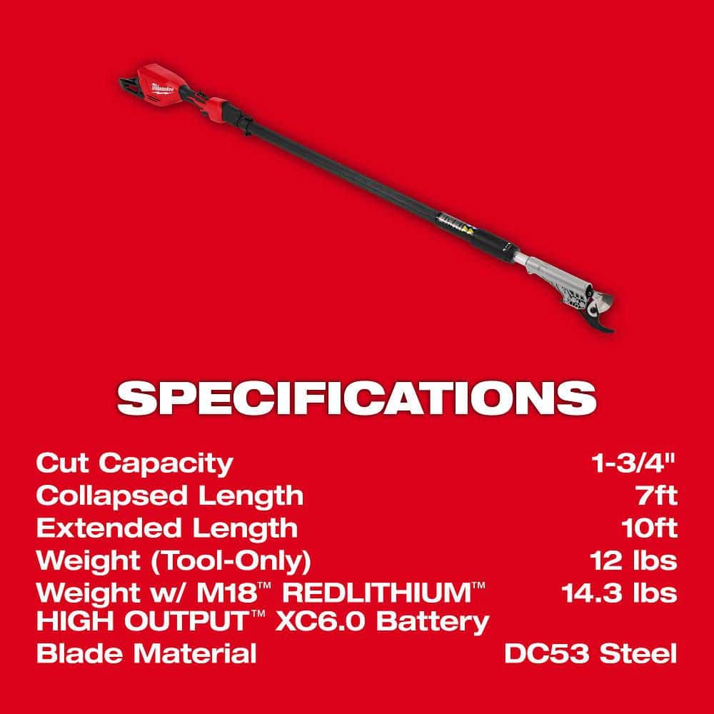Milwaukee M18 Brushless 18-Volt Cordless Telescoping Pole Pruning Shears, 7–10 ft Reach, Tool-Only (3008-20)