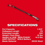 Milwaukee M18 Brushless 18-Volt Cordless Telescoping Pole Pruning Shears, 7–10 ft Reach, Tool-Only (3008-20)