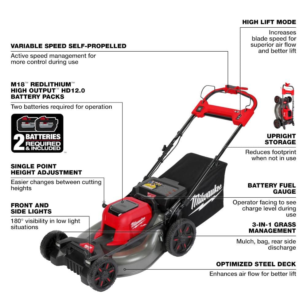 Milwaukee M18 FUEL 18V 21 in. Brushless Cordless Dual-Battery Self-Propelled Mower with 16 in. String Trimmer, (3) Batteries & Charger